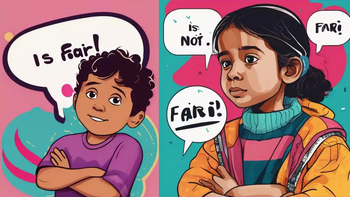 A child with a crossed-arms pout next to a speech bubble with the Hindi phrase "This is not fair!"in bold colorful letters.